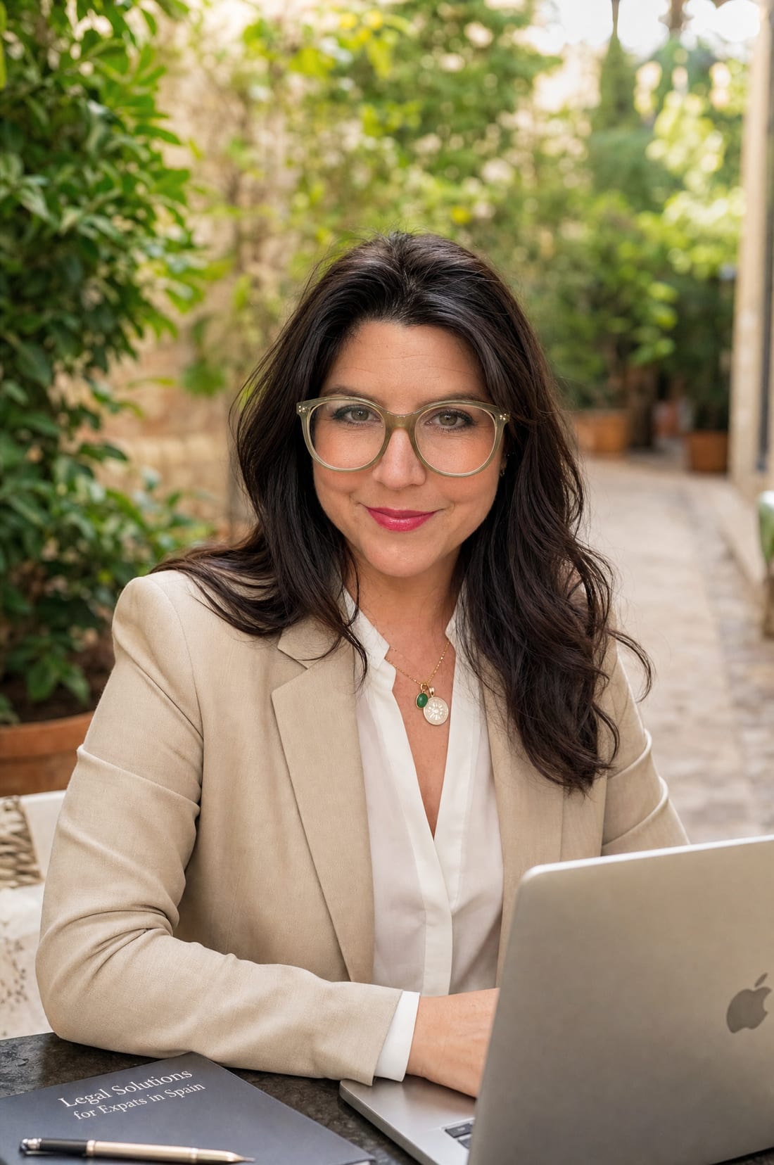 Pina Espinoza, founder of Artemis Law, working outdoors in Barcelona